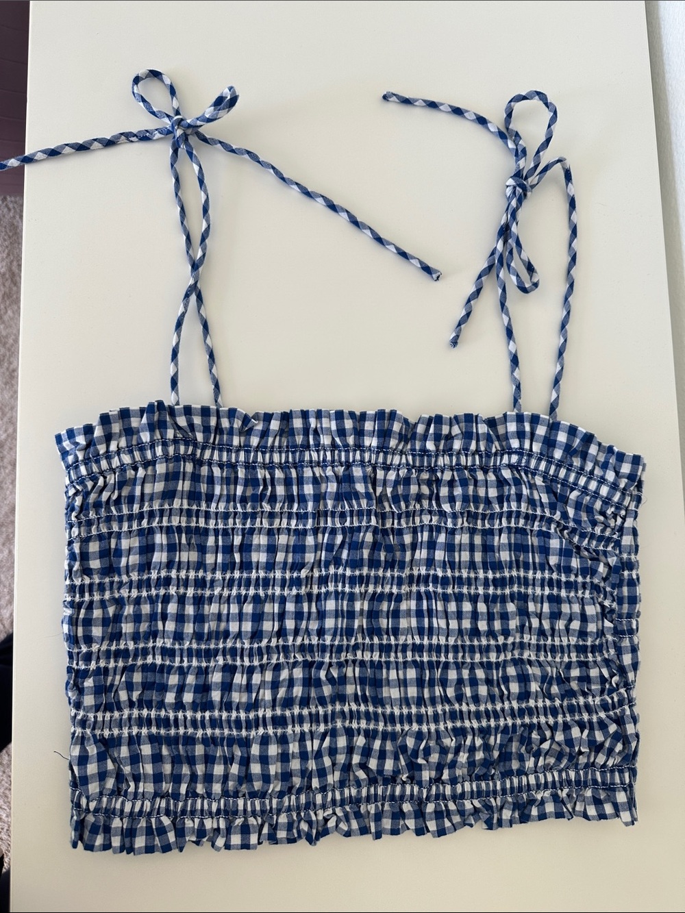 NWT LOFT  Blue and White Gingham Smocked Tie-Strap Crop Top